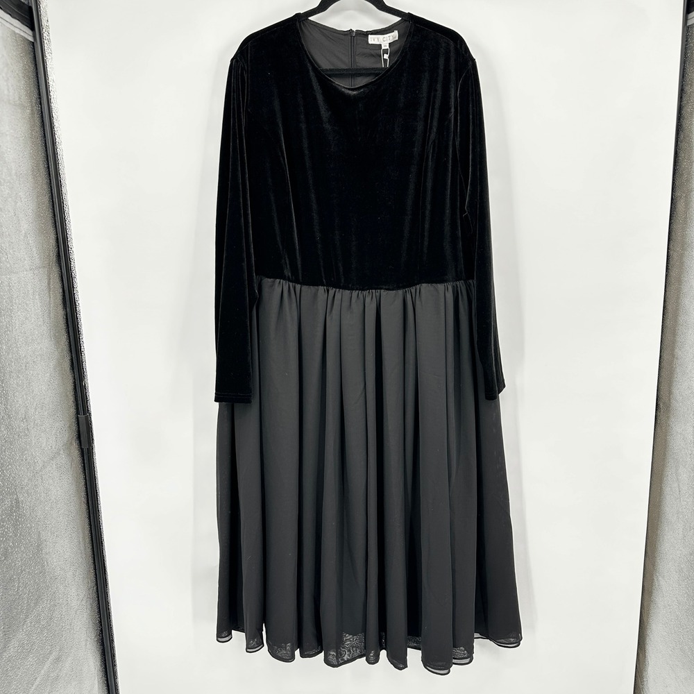 Ivy‎ City Co Black Velvet Chiffon Mixed Media Midi Dress 3X NEW Goth Romantic